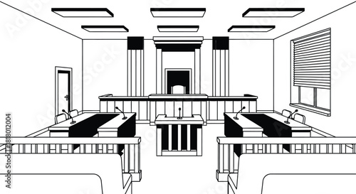 Courtroom illustration showing judge's bench and jury seating