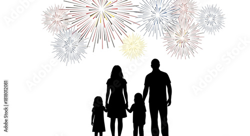 Silhouette family celebrates vibrant fireworks display with joyful anticipation, perfect for festive events, holidays, and community gatherings promotion