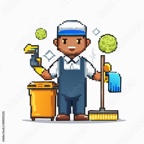 Pixel art illustration of a smiling male cleaner holding various cleaning tools like a broom, mop, and spray bottle next to a trash can.
