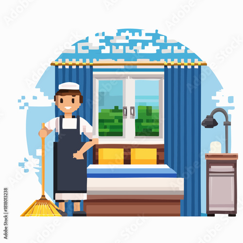 Pixel art illustration of a smiling housekeeper sweeping a tidy bedroom with a bed, window, and nightstand.