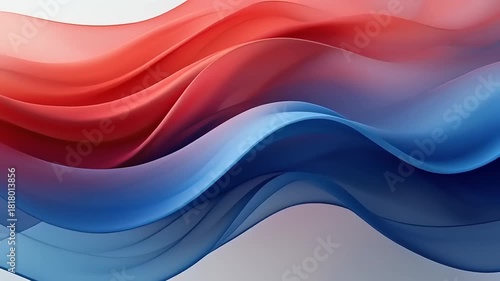 An elegant abstract art composition featuring a dynamic blend of flowing red and blue waves against a soft background