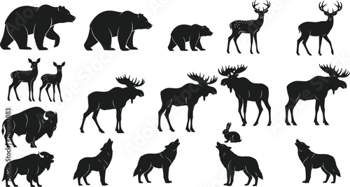 North American wilderness animals silhouette set, featuring bears, deer, moose, bison, wolves, and a rabbit; isolated vector icons for nature and wildlife design
