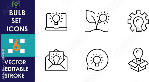 Minimal line icons showing light bulb concepts on laptop, plant, gear, envelope, chat bubble, and box, presented as a clean editable vector bulb set design