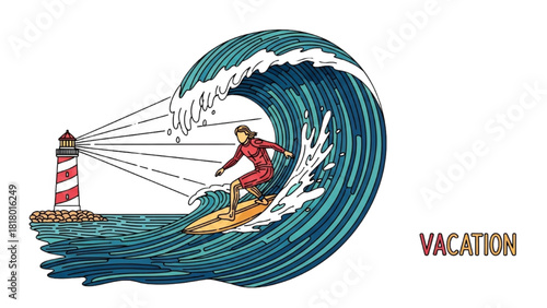 Surfing Wave Line Art with Lighthouse – Minimal Black Outline Colorful Vacation Illustration