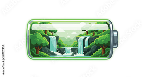 Battery icon filled with lush green nature scene and waterfalls, Generative AI