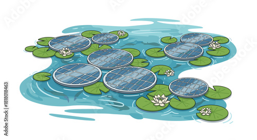 Circular stepping stones in a pond surrounded by lily pads and flowers, Generative AI