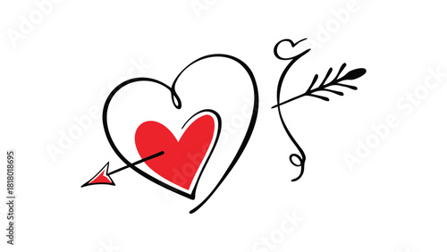 A simple black line drawing of a red heart pierced by an arrow with a decorative flourish