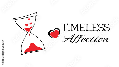 Hourglass with red hearts flowing down symbolizing timeless affection and enduring love on a white background