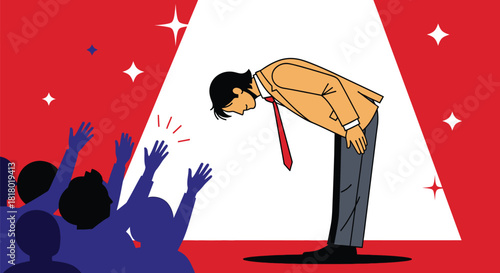 Successful person bowing to cheering crowd on stage in spotlight