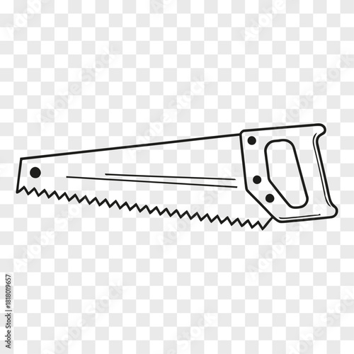 Black line drawing of a hand saw with a wooden handle and sharp serrated blade on a transparent background tool woodworking carpentry instrument cutting