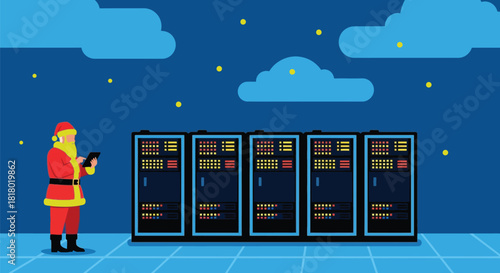 Santa checks server status on tablet Christmas IT support concept