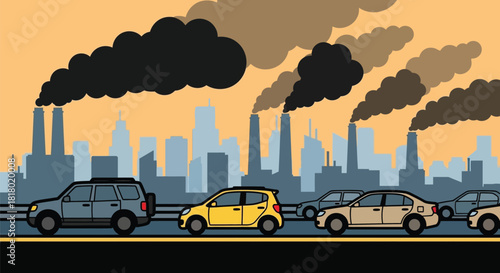 Cityscape with pollution from factories and cars raising awareness
