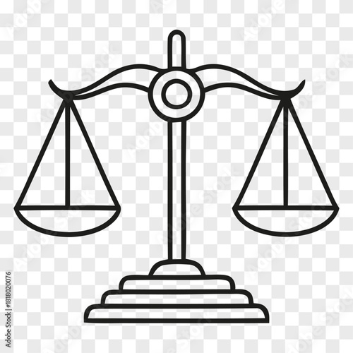 Line art illustration of a classic balance scale symbolizing justice law equality and equilibrium on a transparent background legal judgment fairness decision