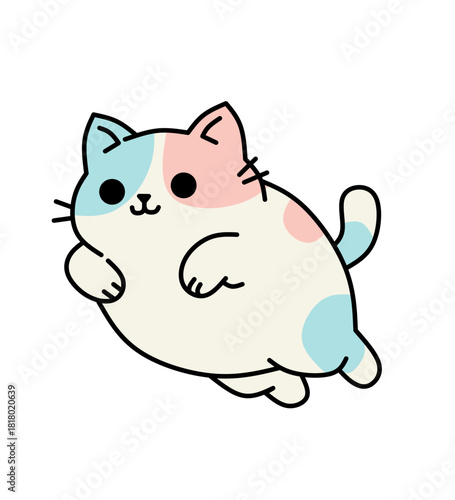 Vector illustration of a chubby white cat with orange, pink, and light blue patches in a relaxed lying pose, suitable for chibi stickers.