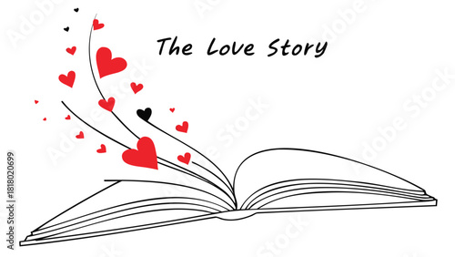 Open book with red and black hearts flying out symbolizing a love story unfolding on a white background