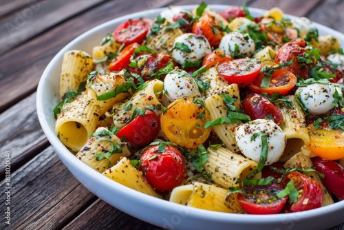Colorful Pasta Salad With Cherry Tomatoes and Mozzarella Served in a Large Bowl