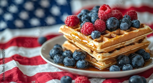 Delicious Waffles Topped With Fresh Blueberries and Raspberries on American F...