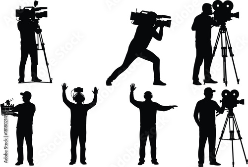 Film crew silhouette set, cameraman with tripod and director holding clapperboard, movie production team vector illustration isolated on white.