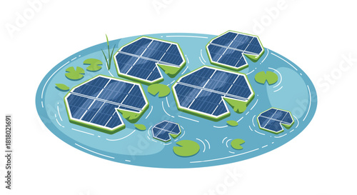 Floating Solar Panels on Water Surface with Lily Pads, Generative AI