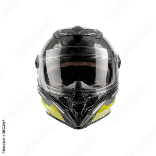 Black motorcycle helmet head-on studio shot