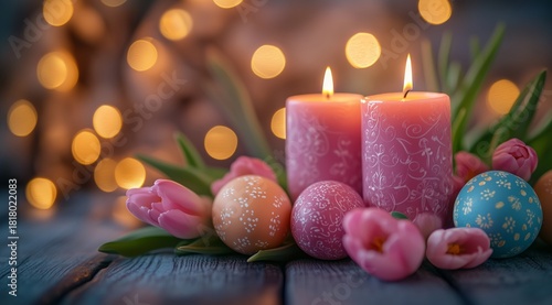 Soft Glowing Candles and Decorated Eggs Create a Warm Easter Atmosphere With ...