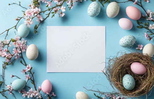 Spring Celebration With Pastel Easter Eggs and Blooming Branches on a Light B...