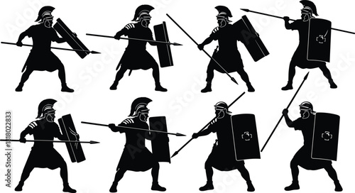 Ancient Spartan warrior silhouette set, Roman gladiator fighting with spear and shield, Greek soldier vector illustration isolated on white.