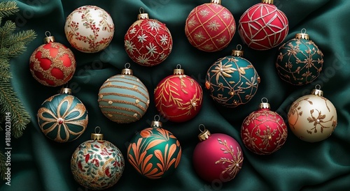 Colorful Christmas Ornaments Beautifully Arranged on a Green Fabric Background for Festive Holiday Decor