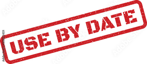 A rectangular red distressed rubber stamp with USE BY DATE text, suitable for indicating product freshness and expiration