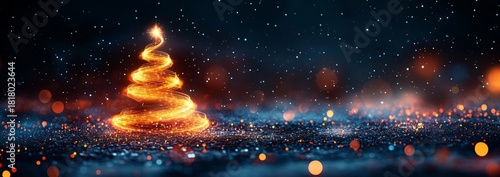 Bright Golden Christmas Tree Sparkles in Dark Night Setting With Glowing Ligh...