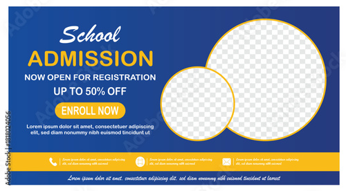 School Admission Banner with Enrollment Call, Photo Frames, and Modern Blue Layout