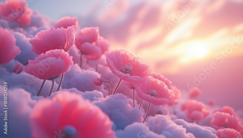Sunset View of Pink Flowers Blooming in Soft Clouds by the Horizon During Gol...
