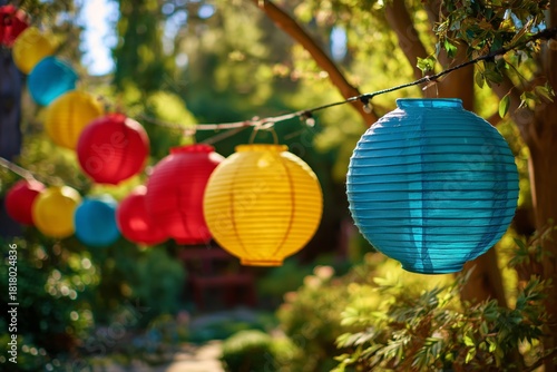 Colorful Lanterns Hanging in a Garden During Sunset Create a Warm and Invitin...