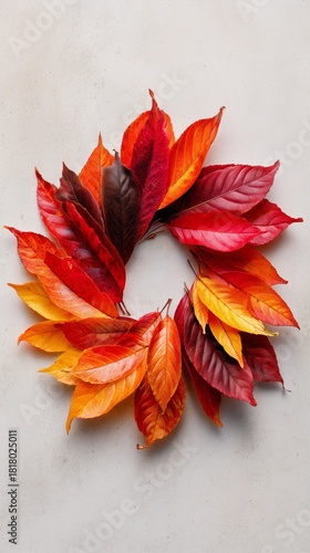 Colorful Autumn Leaves Arranged in a Circular Pattern on a Light Background
