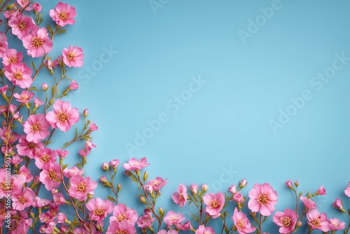 Bright Pink Cherry Blossoms Create a Beautiful Border Against a Soft Blue Bac...
