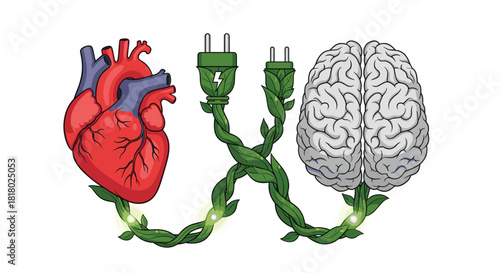 Heart and Brain Connected by Green Energy Cables, Generative AI