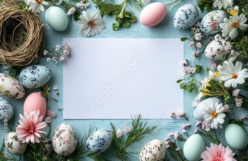 Spring Celebration With Decorative Easter Eggs and Cherry Blossoms on Blue Ba...