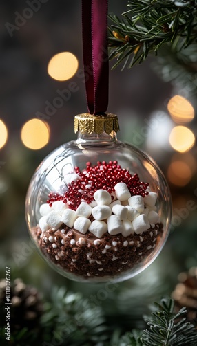 Decorative Glass Ornament Filled With Festive Treats Hanging on a Christmas T...