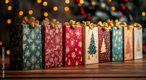 Colorful Wrapped Gifts Lined up on a Table With Holiday Decorations in the Ba...