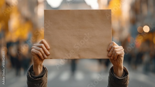 Person holding up a blank cardboard sign in a crowd during a protest or demonstration event
