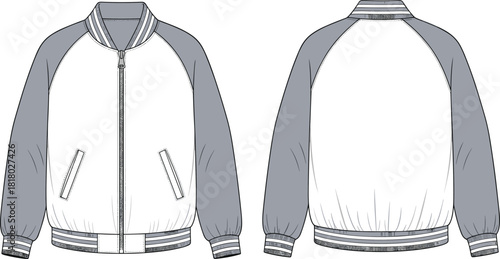 cad drawing flat vector illustration, varsity jacket sketch, fashion design template, apparel technical layout, garment construction, clothing blueprint**