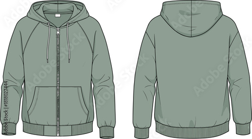 cad drawing flat vector illustration, zip-up hoodie front back view, fashion technical sketch, kangaroo pocket design, apparel template**