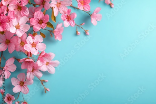 Cherry Blossom Flowers Arranged on a Bright Blue Background Creating a Vibran...