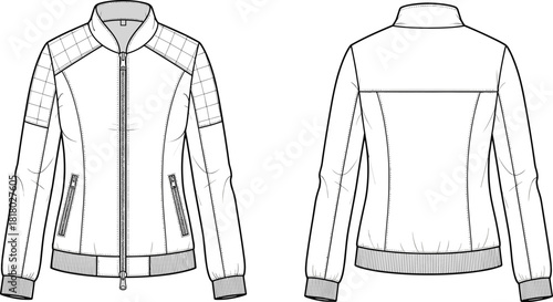 cad drawing, flat vector illustration, technical jacket, fashion sketch, front view, back view, zipper closure, ribbed cuffs, garment construction, apparel design, menswear template, outerwear style,
