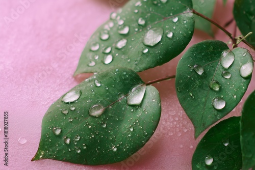 Fresh Green Leaves With Water Droplets Against a Soft Pink Background in a Na...