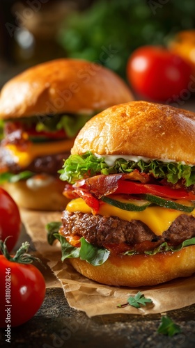 Juicy Beef Burgers With Fresh Toppings and Side of Ripe Tomatoes on Rustic Wo...