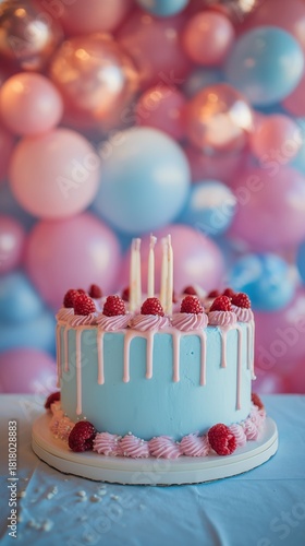 Beautiful Blue Cake With Pink Frosting and Raspberries on a Table With Colorf...