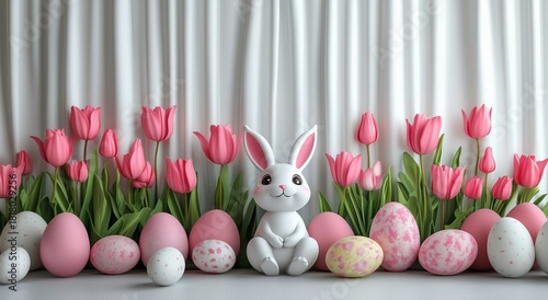 Cute Bunny With Pastel Eggs and Pink Tulips in Spring Decorations