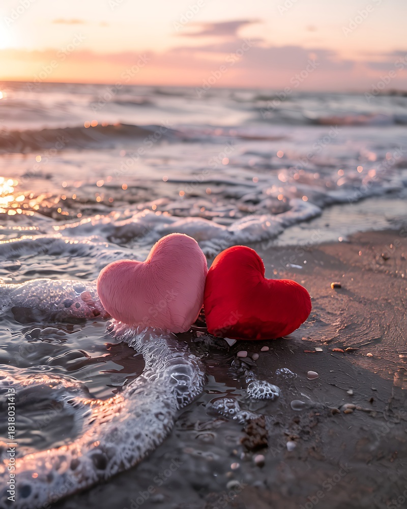 Fototapeta premium Two plush heart pillows resting on the seashore as gentle ocean waves touch the sand during a warm romantic sunset moment