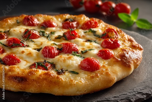 Delicious Tomato and Cheese Pizza Baked to Perfection on a Dark Stone Plate